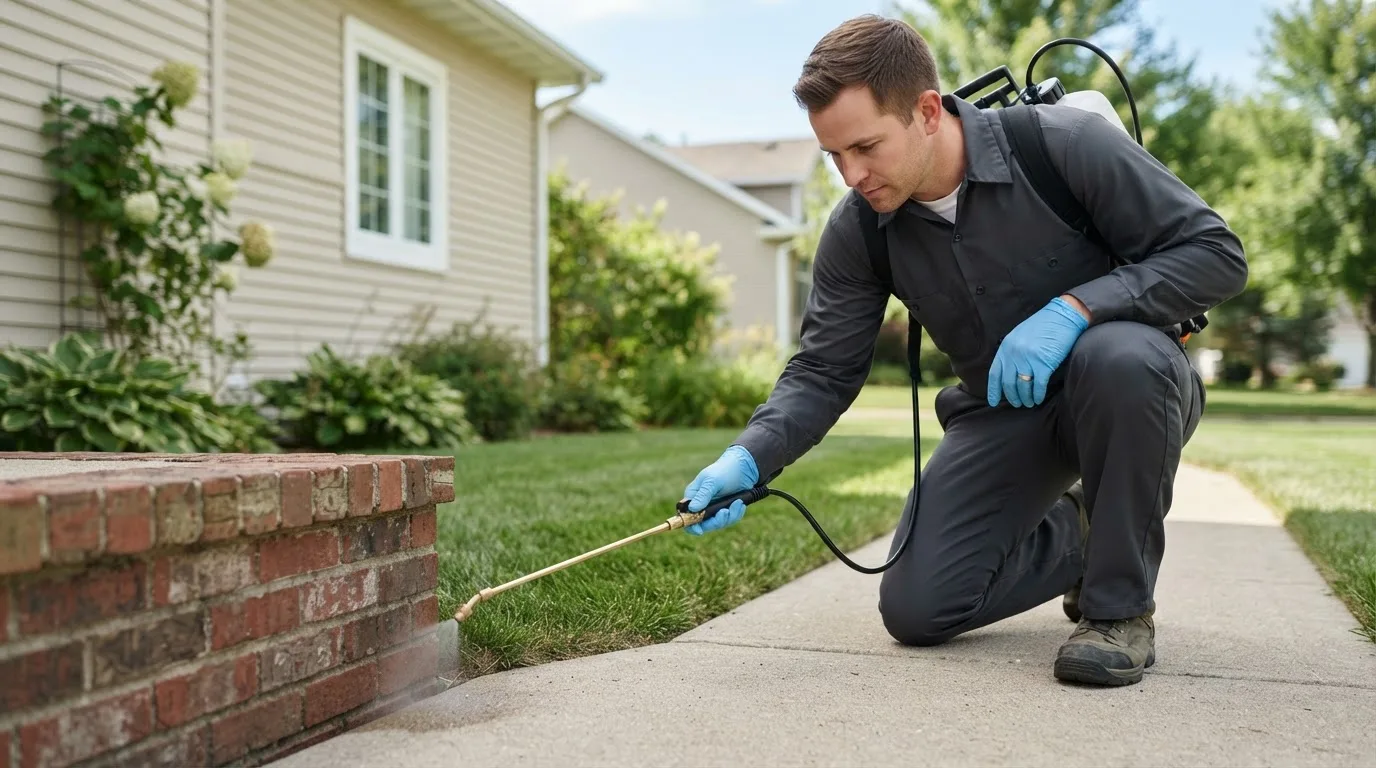 Pest control technician treating a home near Matlock, IA