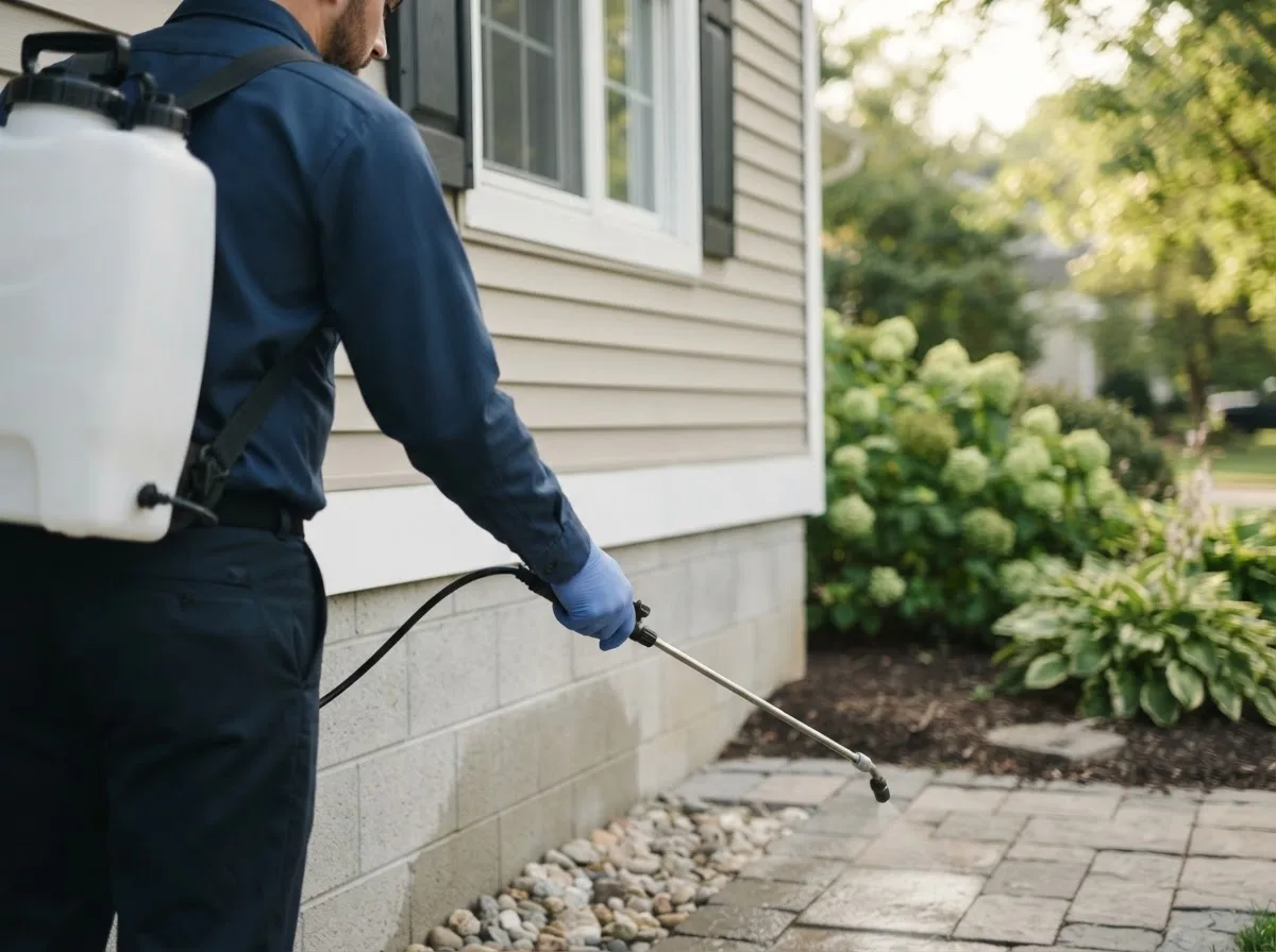Pest control technician inspecting a home in Matlock, IA